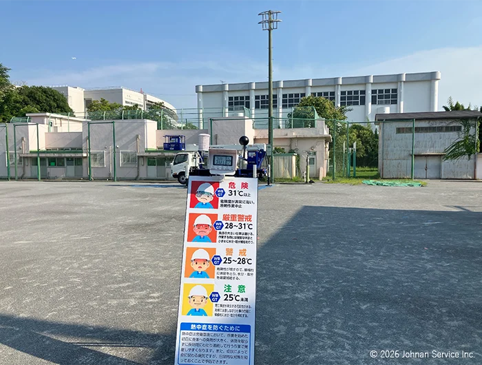 学校の校庭に設置された、WBGT値による熱中症の危険度を4段階(危険31℃以上/厳重警戒28~31℃/警戒25~28℃/注意25℃未満)で示す縦長の掲示板。上部にWBGT測定器が取り付けられている。背景には高所作業車、校舎、青空が写っている。