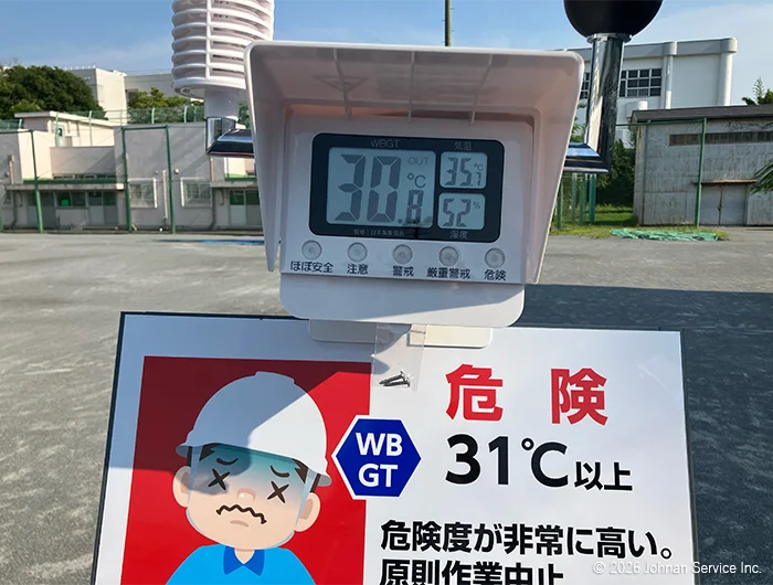 WBGT測定器の表示部。WBGT値30.8℃、気温35.7℃、湿度52%を示し、下部に「ほぼ安全・注意・警戒・厳重警戒・危険」の5段階ランプが並ぶ。