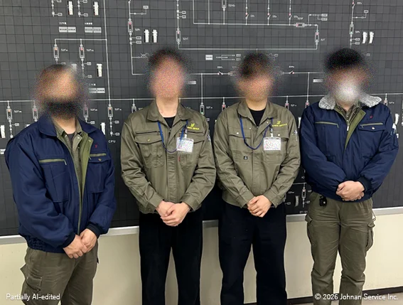 4人が横一列に並んで記念撮影している様子。背後には大きな制御盤が並んでいる。