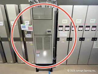赤い円で強調された中央には、大型の金属製除湿器が設置されており、その周囲にはラベル付きの複数の制御パネルが並んでいます。除湿器の上部には配管が接続されており、前面には通気口とリモコンが確認できます。